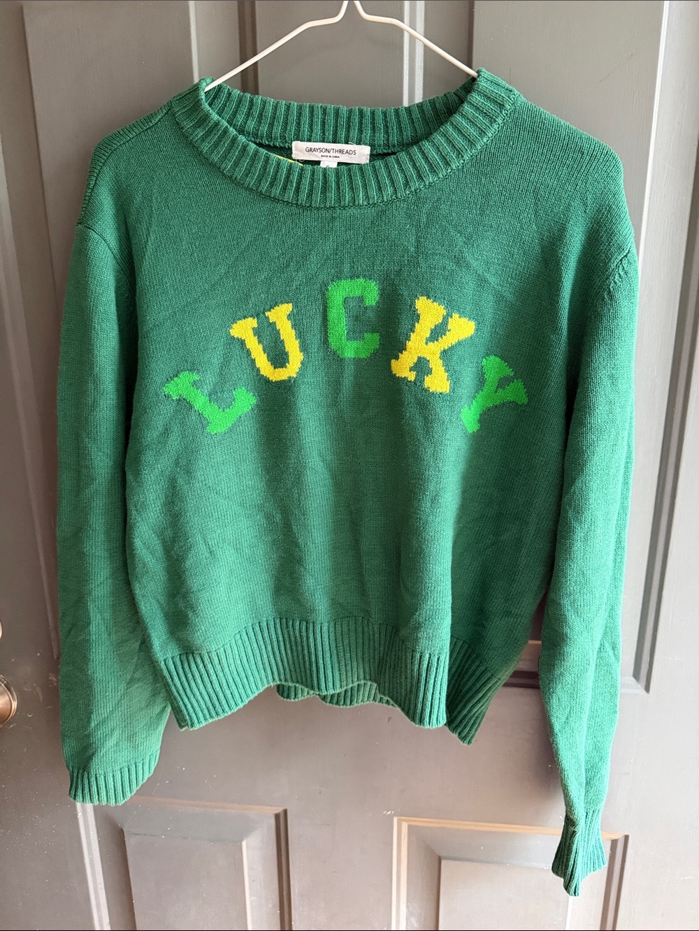 Grayson Threads Green Crewneck Sweater with Yellow & Lime 'LUCKY' Lettering